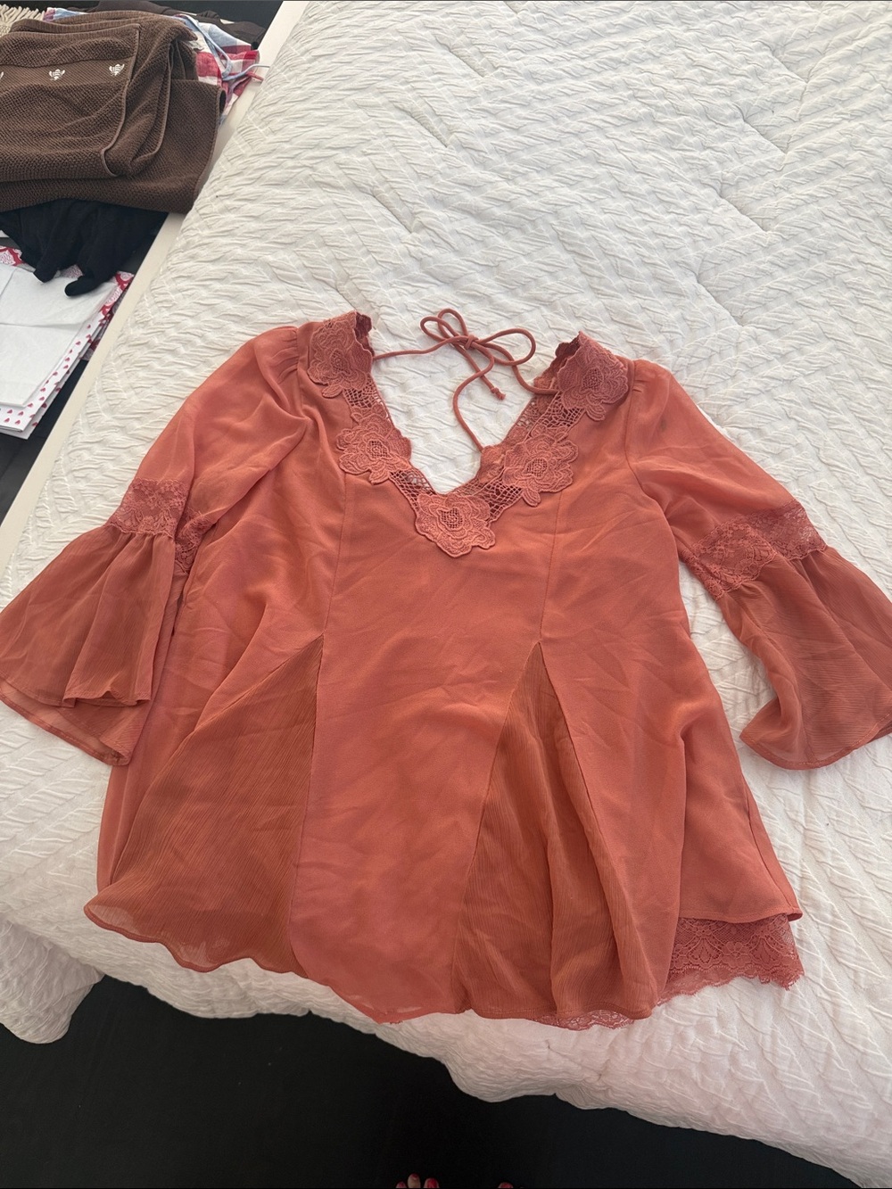 Free People Terracotta Lace-Trim Peasant Blouse